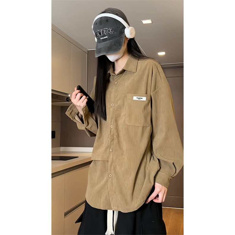 2024春季新款女模内景大码灯芯绒长袖衬衫M-5XHC23540-特P35,男装衬衫,电商A022