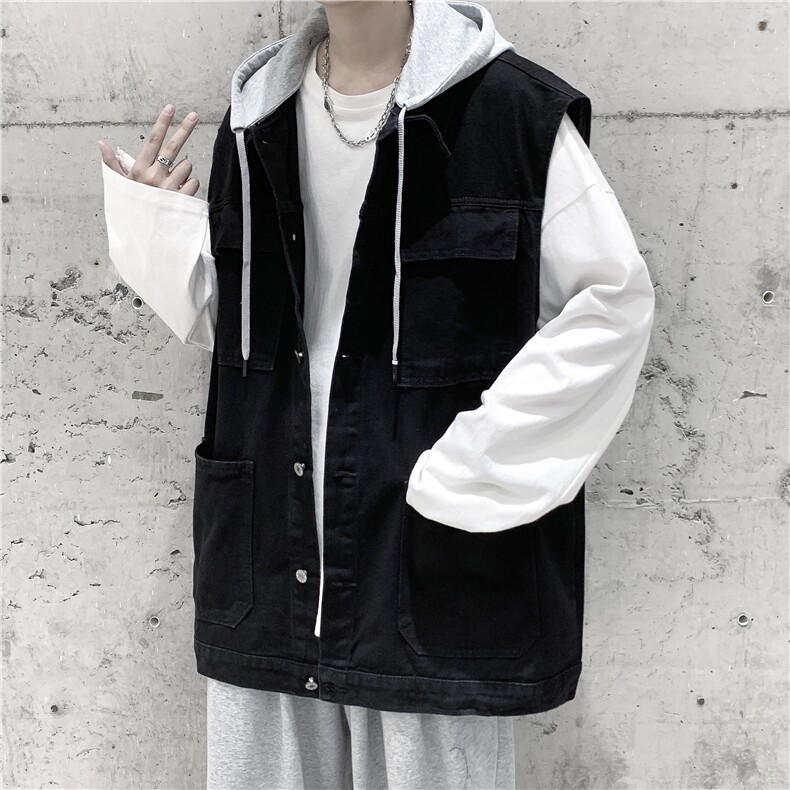wassuphappy复古牛仔外套男夏季潮牌连帽工装马甲休闲坎肩上衣服，男装背心/马甲，星座116