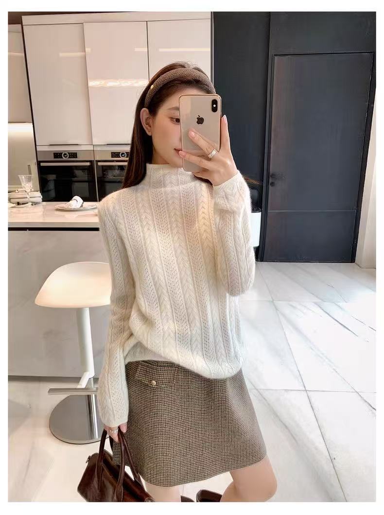 2025年秋季时尚百搭通勤简约休闲羊毛半高领扭花毛衣,女装羊毛衫,鑫之绒