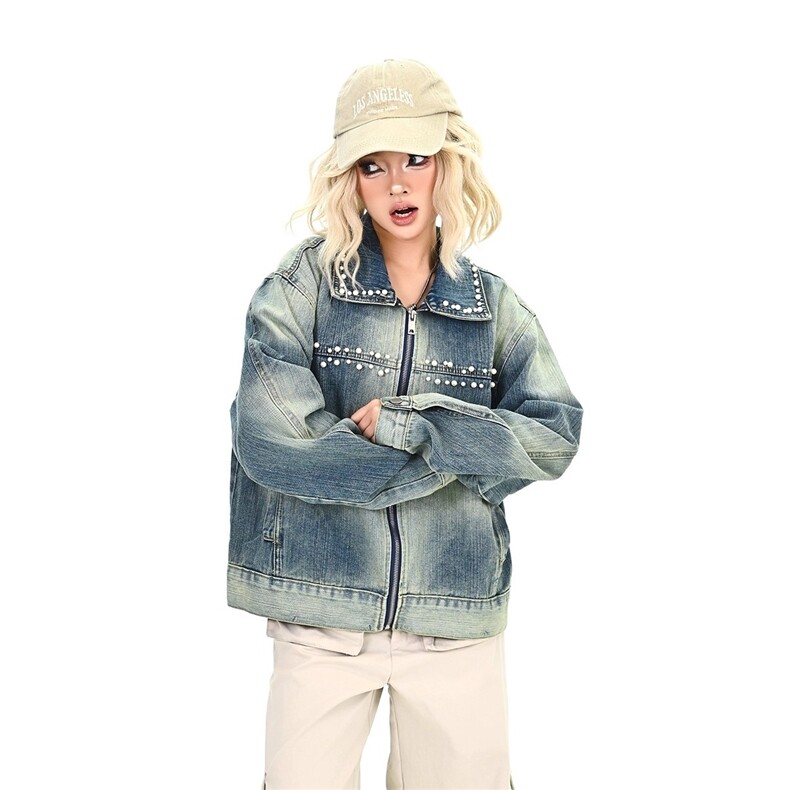 美式复古钉珠牛仔外套女小个子设计感水洗做旧短夹克，男装工装外套，星座1210-1