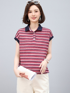 小个子条纹翻领T恤女夏季韩版休闲宽松年轻款妈妈薄款小衫上衣潮图片
