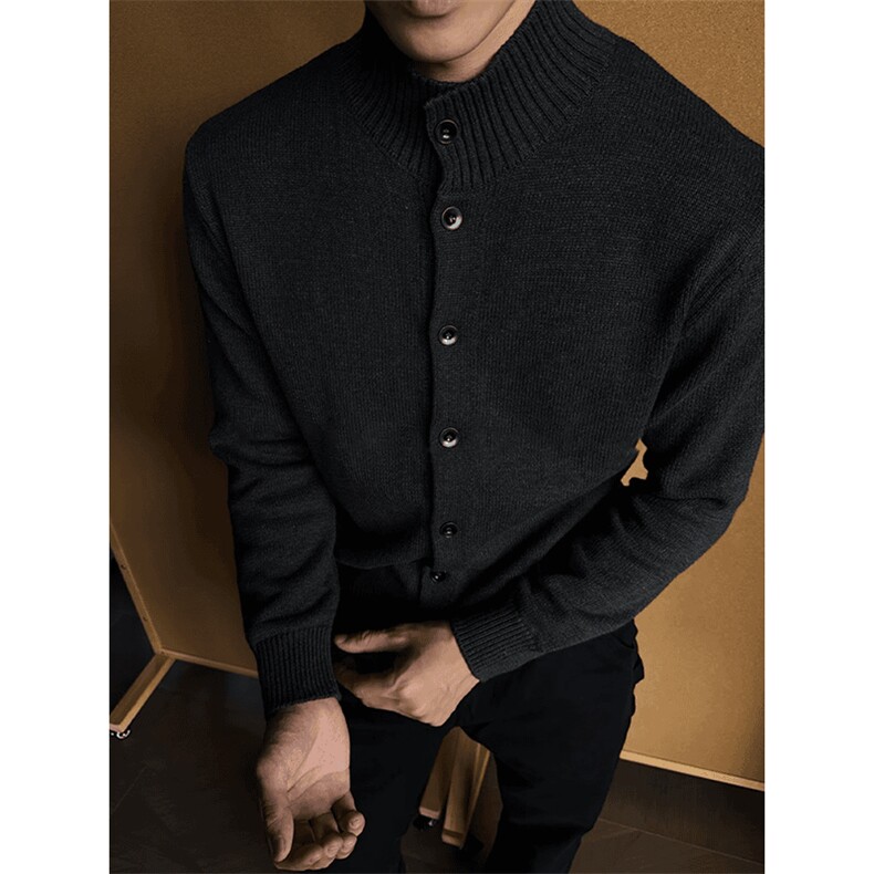 黑色半高领纽扣开衫毛衣男款冬季慵懒高级感痞帅cleanfit针织外套，男装针织衫/毛衣，星座910A