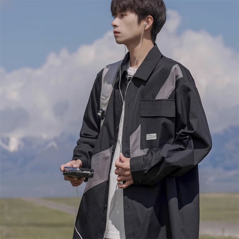 C253-P35宽松衬衫男士秋季长袖休闲工装衬衣外套男装韩版潮流,男装衬衫,电商B323A