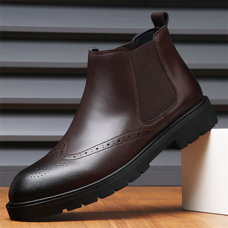 X4284-155切尔西短靴男士套脚马丁靴加绒百搭布洛克雕花皮靴，男鞋马丁靴，星座1407-3