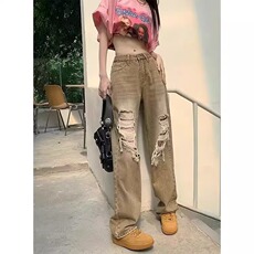 棕色破洞美式随性辣妹复古做旧大破洞直筒牛仔裤女潮搭春季阔腿裤，男装牛仔裤，星座506A