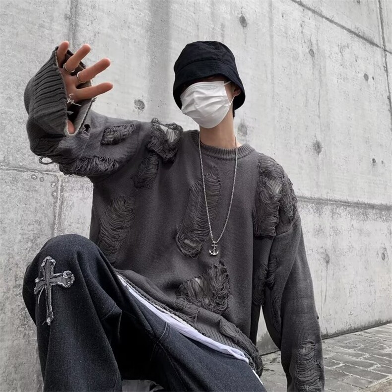 新款美式复古破洞双面穿假两件毛衣慵懒宽松男女针织衫潮M745-P58,男装针织衫/毛衣,星座1008