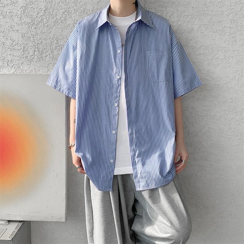 8XL-M条纹短袖衬衫男夏季宽松慵懒风痞帅大码衬衣外套DC28001P40,男装衬衫,电商B312