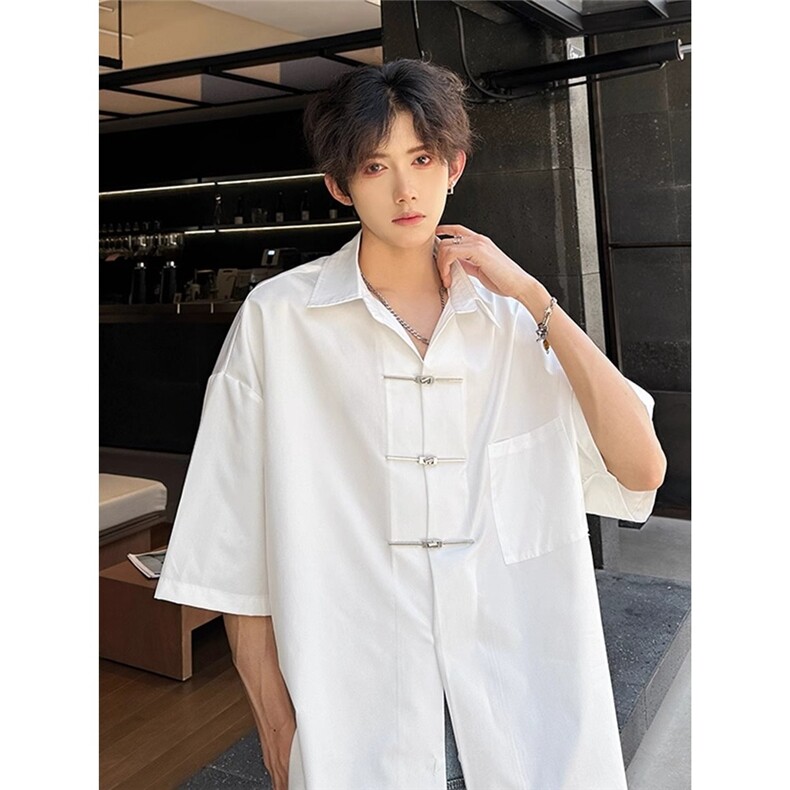 新中式短袖衬衫男夏季风小众痞帅衬衣宽松翻领衬衫A3372-P38,男装T恤,星座208-5