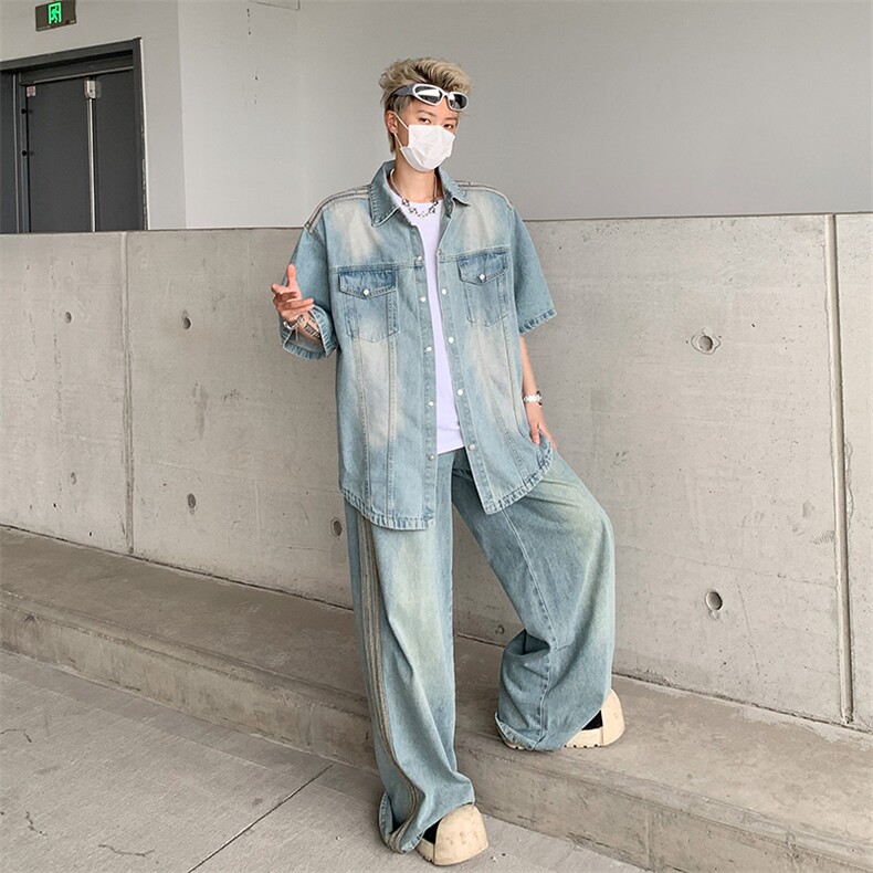 夏款男牛仔短袖衬衫工装大口袋渐变色条纹衬衣有垫肩CS1022P65,男装衬衫,星座1013-1