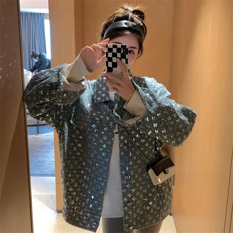 小香风亮片牛仔外套男士春秋季高级感工装夹克ins潮宽松翻领上衣,男装工装外套,星座506A