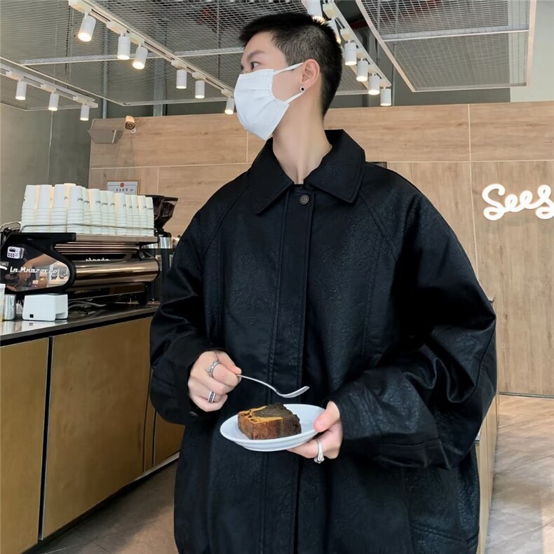褶皱设计感男士外套春秋季青少年宽松翻领皮夹克 MJK40  P70图片