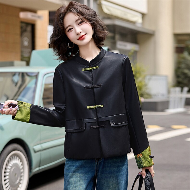 海宁盘扣皮衣外套女2025春季新款复古高级感气质短款黑色上衣服,女装皮衣,江南女神