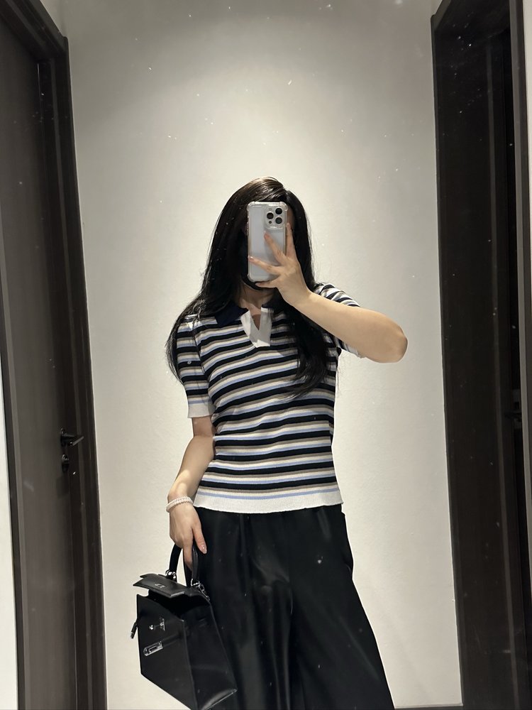 夏季新款简约百搭时尚条纹翻领女士短袖,女装T恤,沐策羊绒