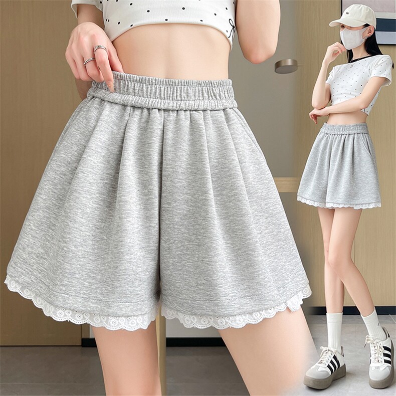 蕾丝边拼接松紧高腰阔腿裤女2024夏季新款休闲裤韩版百搭短裤，女装短裤/热裤，梦白服饰厂