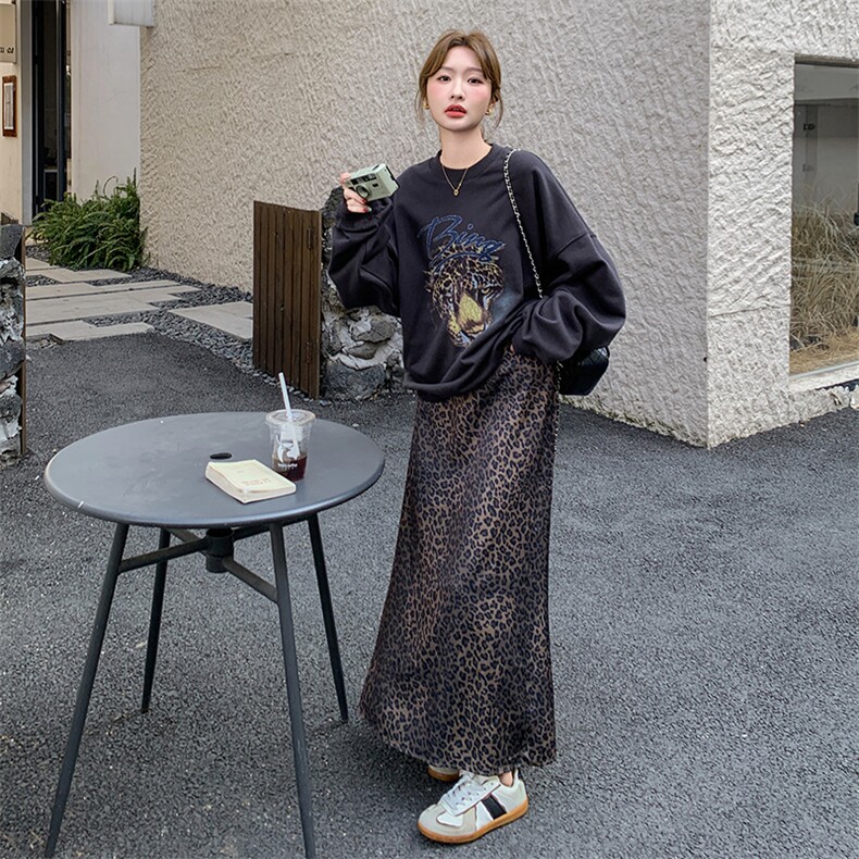 灰色豹纹卫衣套装裙女春秋半身裙两件套流行超好看爆款ootd超火,女装套装/套裙,2D041