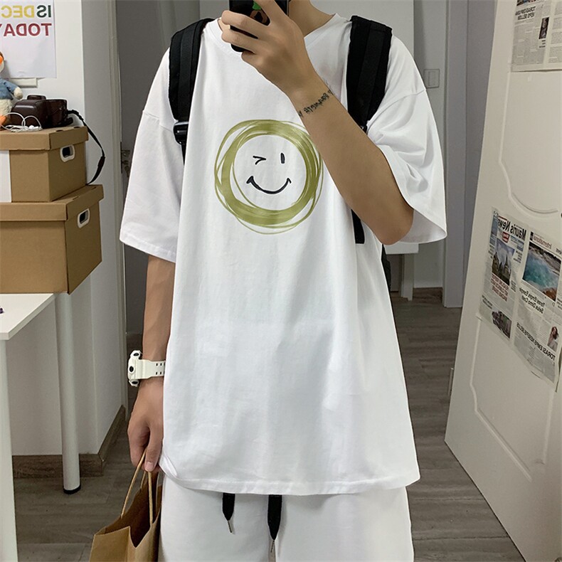 ！2023春夏新款纯棉男士短袖T恤百搭笑脸印花半袖体恤T602P25，男装T恤，电商B220