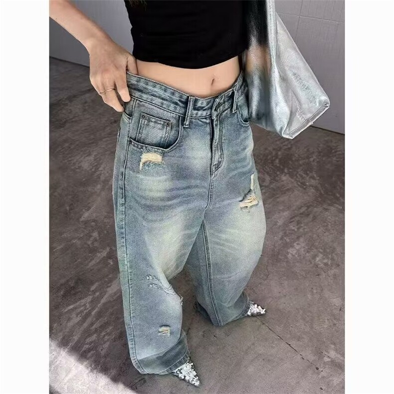 N890-P45 美式高级复古洗水蓝色镰刀牛仔裤女春夏新款宽松显瘦图片