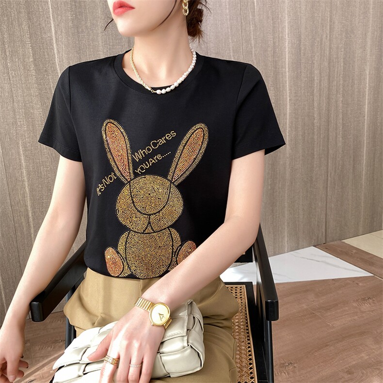 丝光棉休闲设计感个性镶钻T恤女修身纯色宽松亲肤短袖透气吸汗，女装T恤，元素羊绒