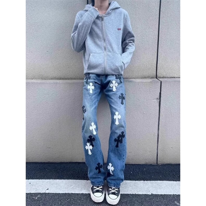 新款升级款十字架秋冬新款潮牌牛仔裤男女宽松百搭休闲长裤NZB106图片