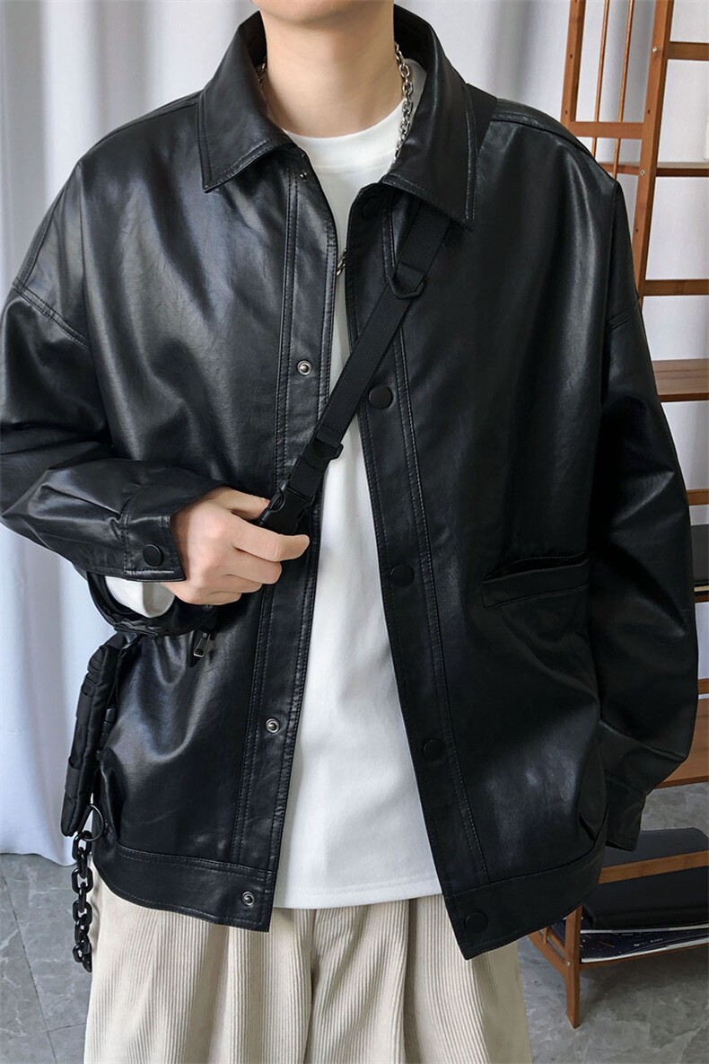 现货春装皮衣外套男宽松皮夹克PU皮服秋冬潮流A560P95加绒105,男装皮衣,电商A351