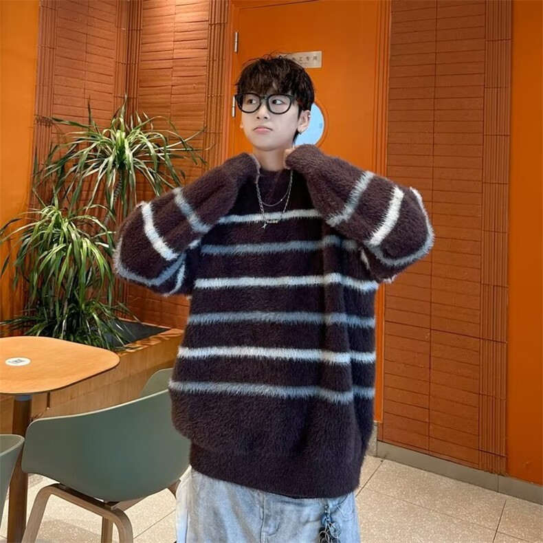 水貂绒条纹毛衣男冬季加厚慵懒风宽松外套秋冬款韩系马海毛针织衫,男装针织衫/毛衣,星座1013