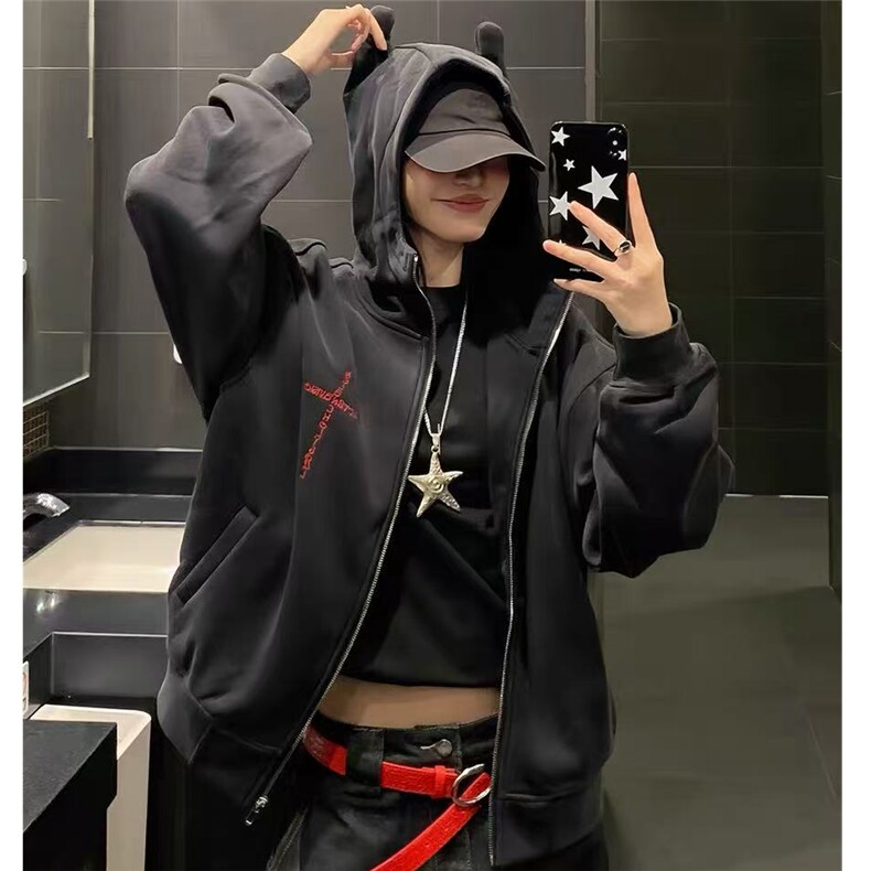 美式重磅街头水洗连帽卫衣男女潮牌秋季新款小恶魔设计感开衫外套图片