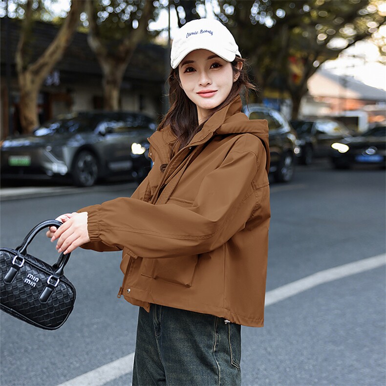 休闲连帽工装短外套女小个子2025年春季新款复古时尚减龄百搭外套,女装短外套,星宇服饰
