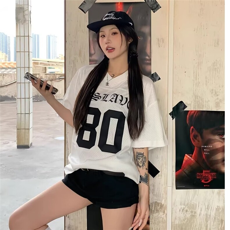 美式运动白色短袖T恤女新款宽松显瘦休闲百搭V领网眼上衣YTX160图片
