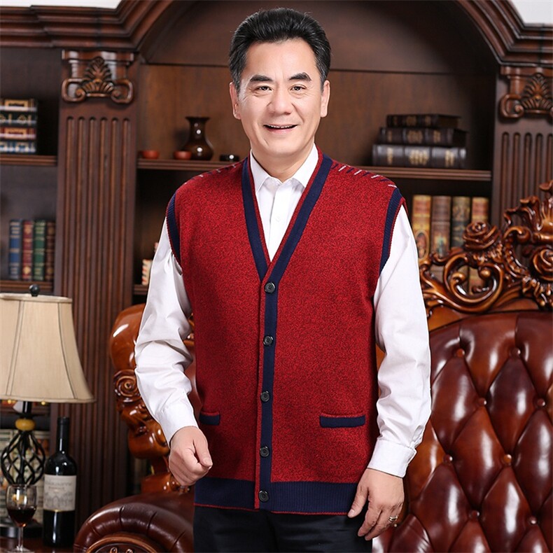 2024秋冬新款中老年男款V领拼色开衫背心马甲,男装羊绒背心,衣恋羊绒