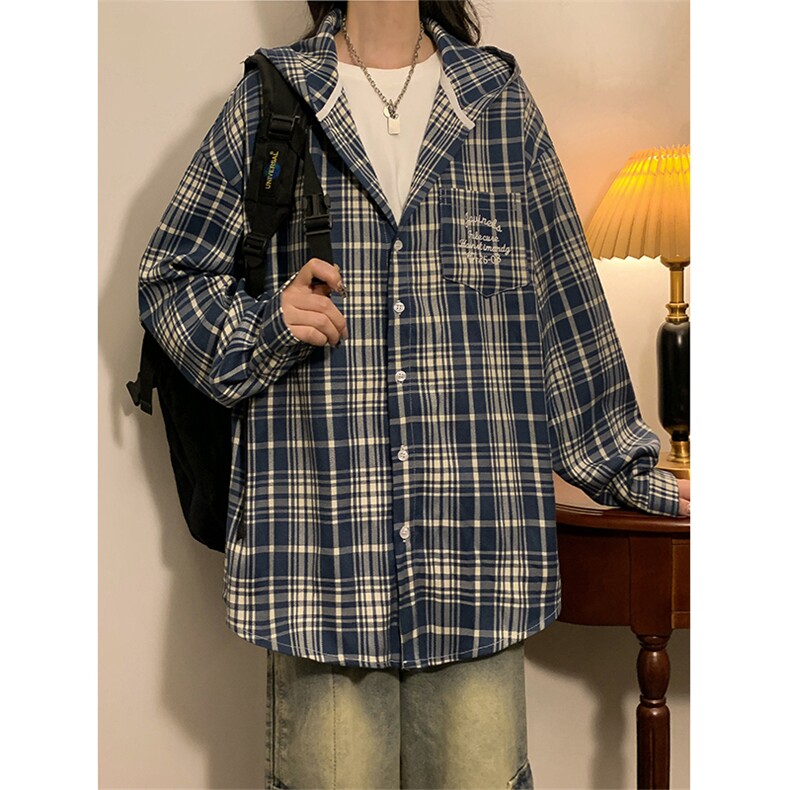 美式复古高级感连帽格子衬衫外套百搭情侣XZ102B-1CS291P58,男装衬衫,星座102B-1