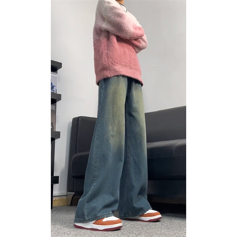 春秋新款美式复古牛仔裤男潮牌水洗设计感痞帅阔腿直筒裤子,男装牛仔裤,星座310A-4