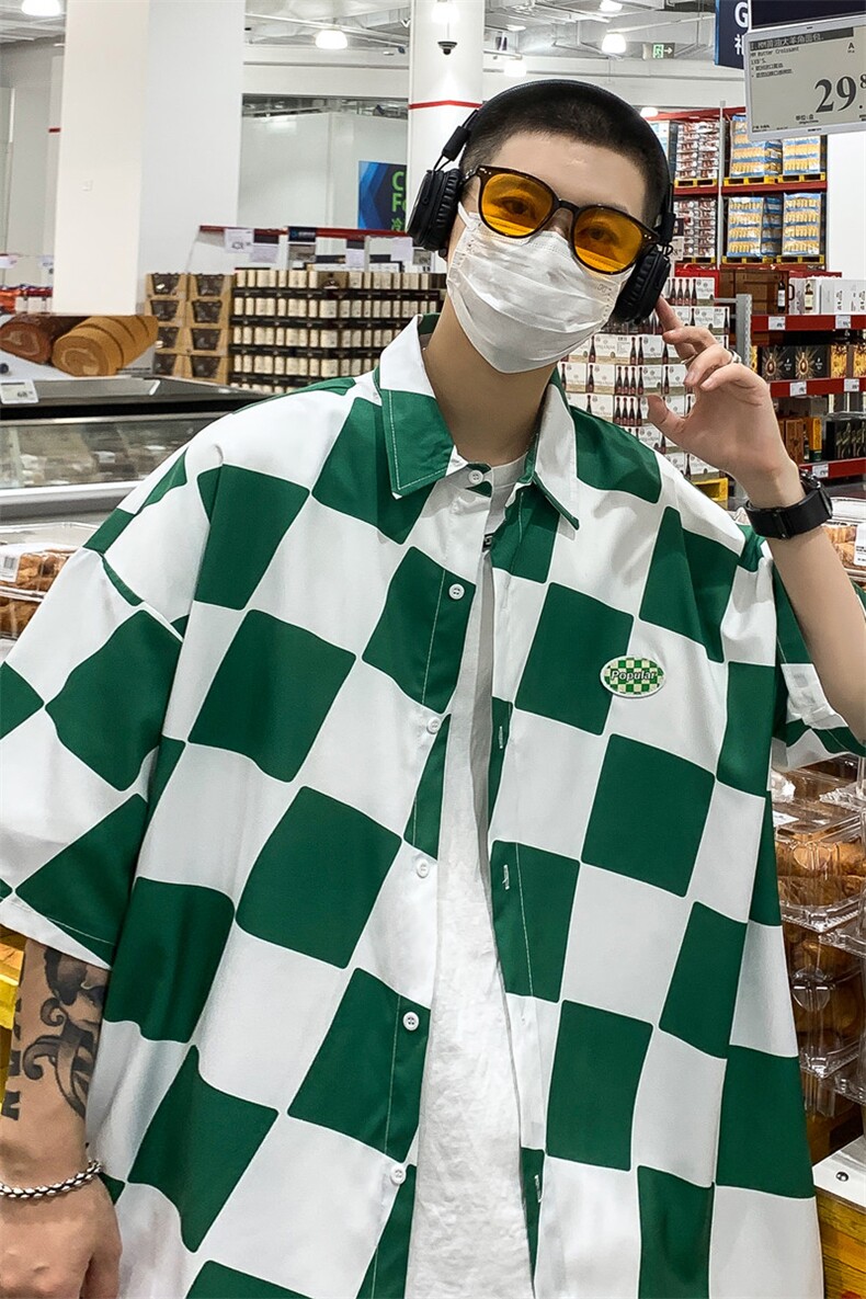 C6071/P35夏季新款格子冰丝短袖衬衫男女潮休闲衬衣宽松大码上衣,男装衬衫,电商A141