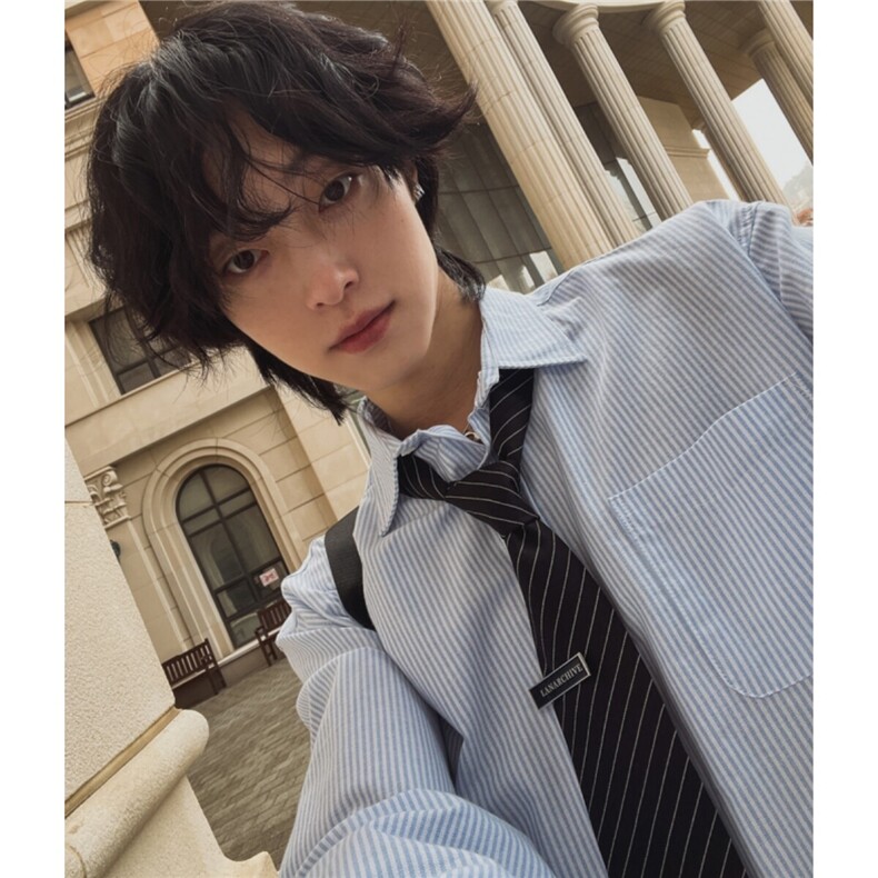 韩版条纹长袖衬衫男潮流寸衫日系休闲衬衣宽松上衣831P50,男装衬衫,星座710