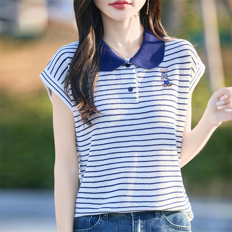 夏季新款精纺羊毛针织短袖女POLO领T恤宽松显瘦条纹撞色打底衫女图片