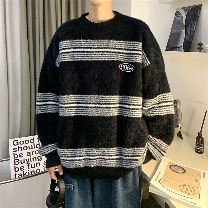 MY127-P55慵懒风刺绣高质量条纹毛衣,男装针织衫/毛衣,星座1501-1