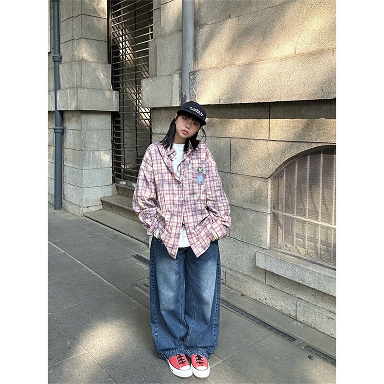 EAHO2025春季美式徽章印花格纹长袖衬衫男女宽松休闲衬,男装衬衫,星座218-1（原230）