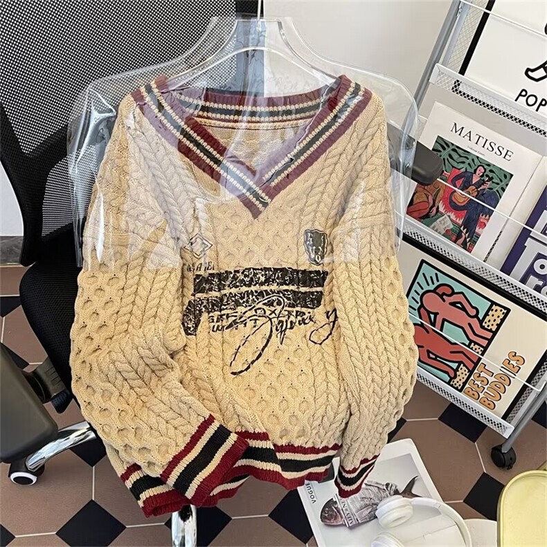 新款冬季学院风撞色鸡心领羊毛衫复古粗线扭花针织衫毛衣男女保暖,男装针织衫/毛衣,星座506A