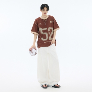 格纹拼接白色阔腿牛仔裤女夏季美式复古高腰显瘦直筒裤YD9025-P60图片