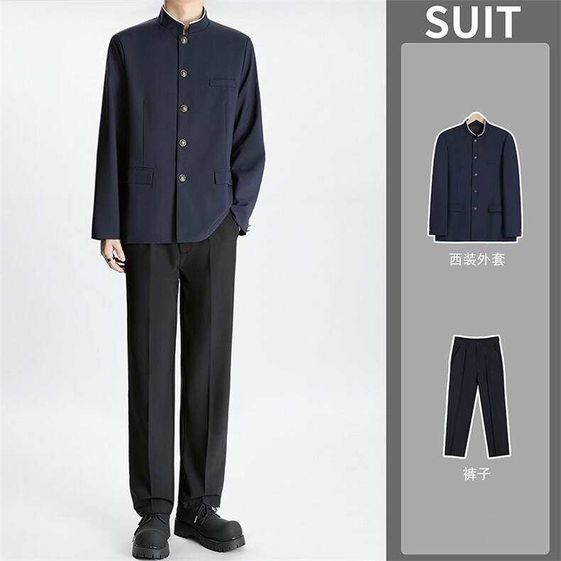 新中式中山装纽扣西服夹克痞帅春秋休闲风立领西装外套套装图片