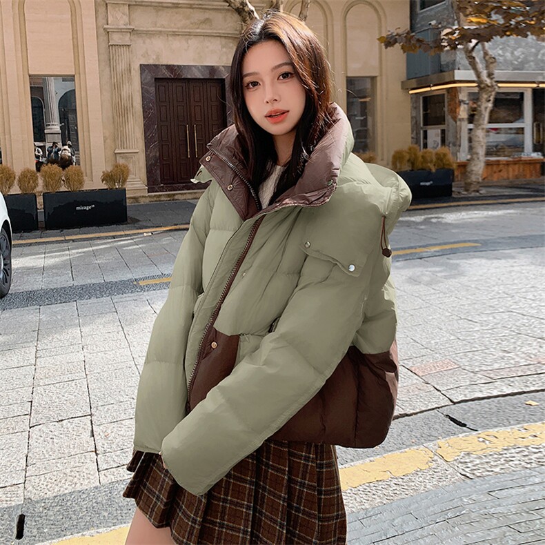 连帽撞色拼接时尚连帽羽绒服2024年冬季,女装羽绒服,微微衣阁
