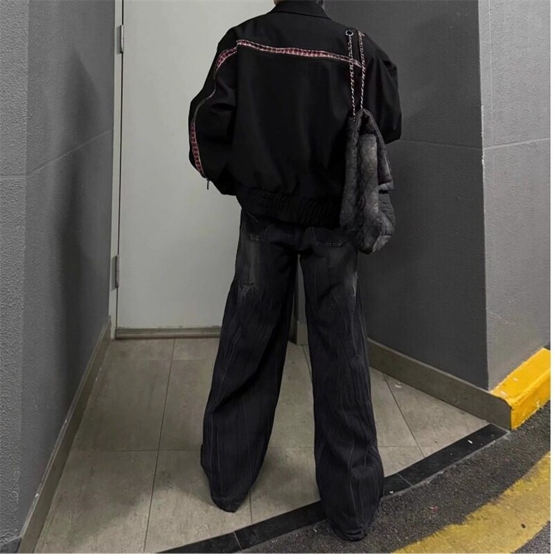 复古做旧阔腿宽松牛仔裤小众水洗设计感重磅休闲裤中高腰裤,男装休闲裤,星座506A