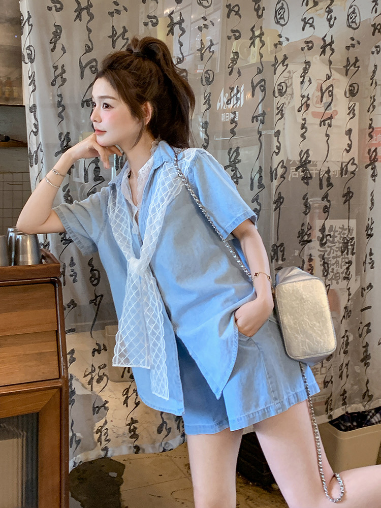 小个子独特漂亮牛仔套装女夏季2025新款休闲减龄衬衫短裤两件套女,女装套装/套裙,浙宝276（原081）