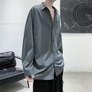 现货冰丝长袖衬衫男港风宽松纯色衬衣KD137-P40图片