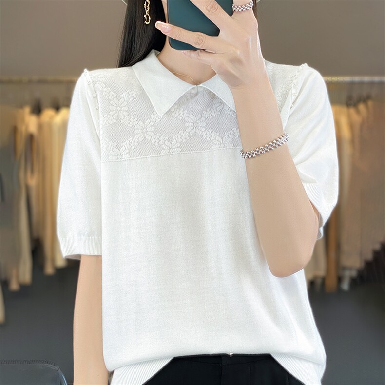 春秋法式POLO领精纺羊毛衫女宽松长袖薄款毛衣钉珠百搭针织打底衫图片