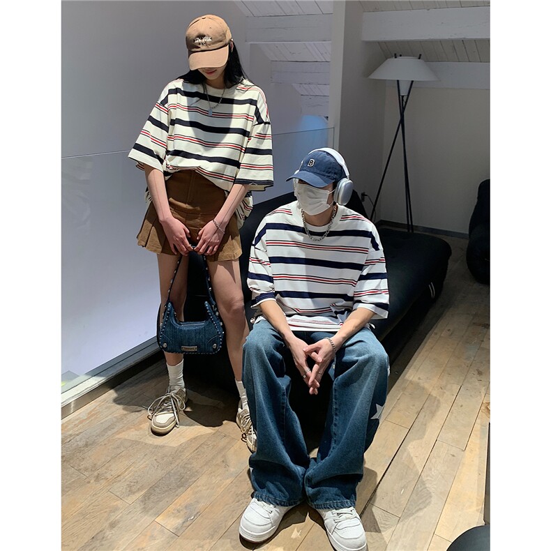 2023情侣装夏装新款高街潮条纹宽松短袖T恤半袖潮D254P38,男装T恤,电商A335-1（原A458）
