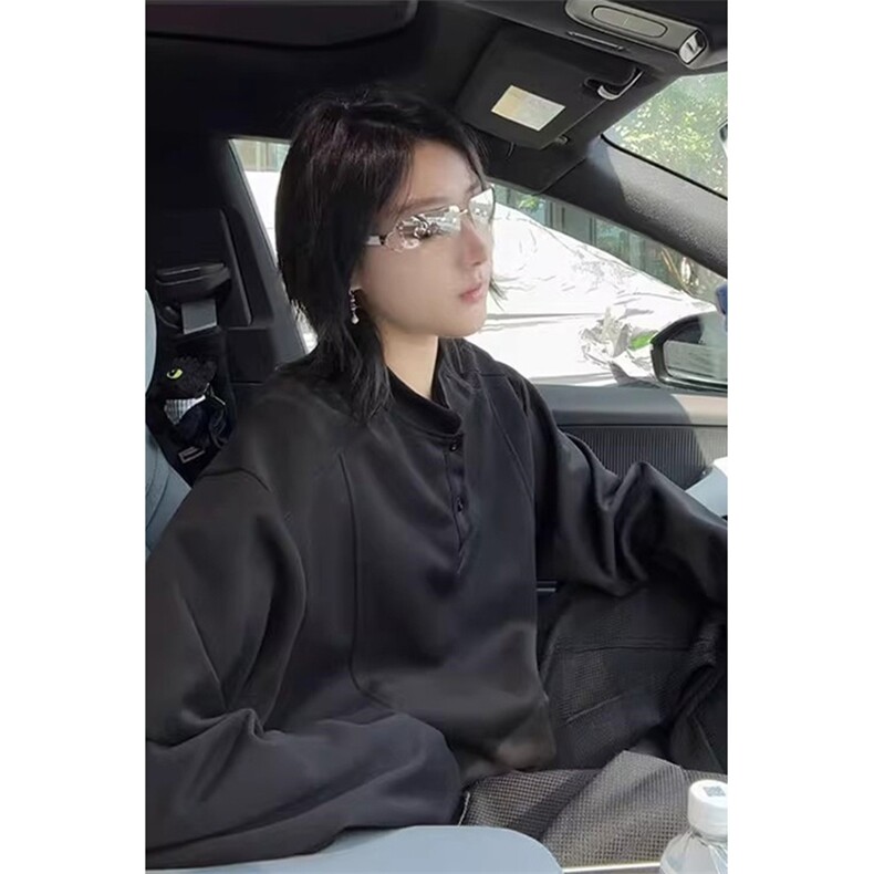抖音得物品质美式高街重磅曼巴棉拼接cleanfit亨利领卫衣长袖T恤,男装T恤,电商A486-1