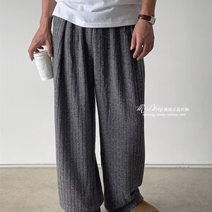 秋冬款ins个性压皱条纹丝绒休闲裤男士宽松垂感阔腿裤直筒长裤潮图片