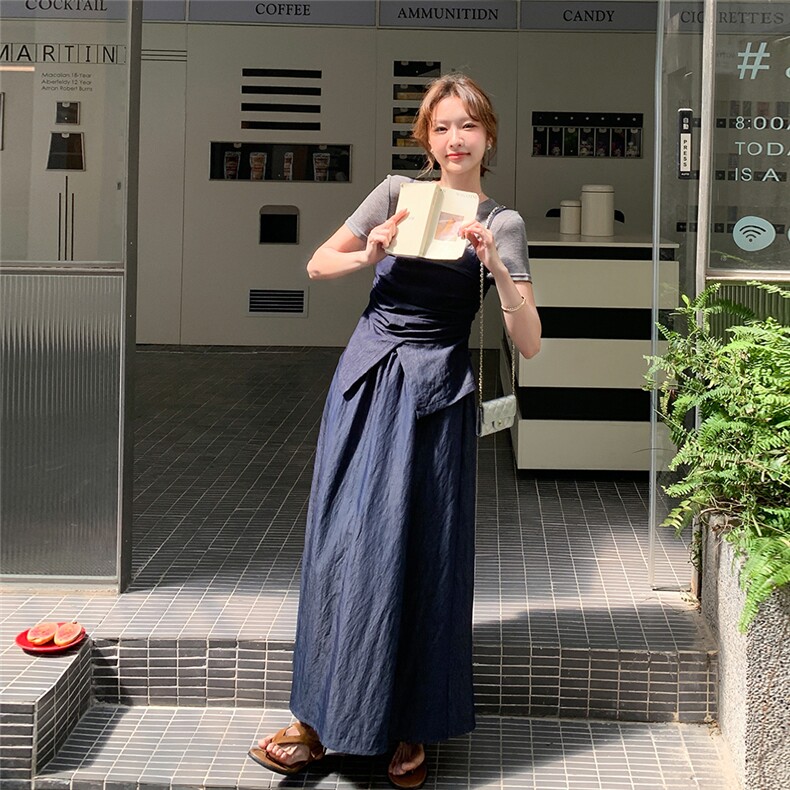 2025夏季新款韩版时尚短款小背心显瘦短袖长款假两件连衣裙，女装连衣裙，浙宝220