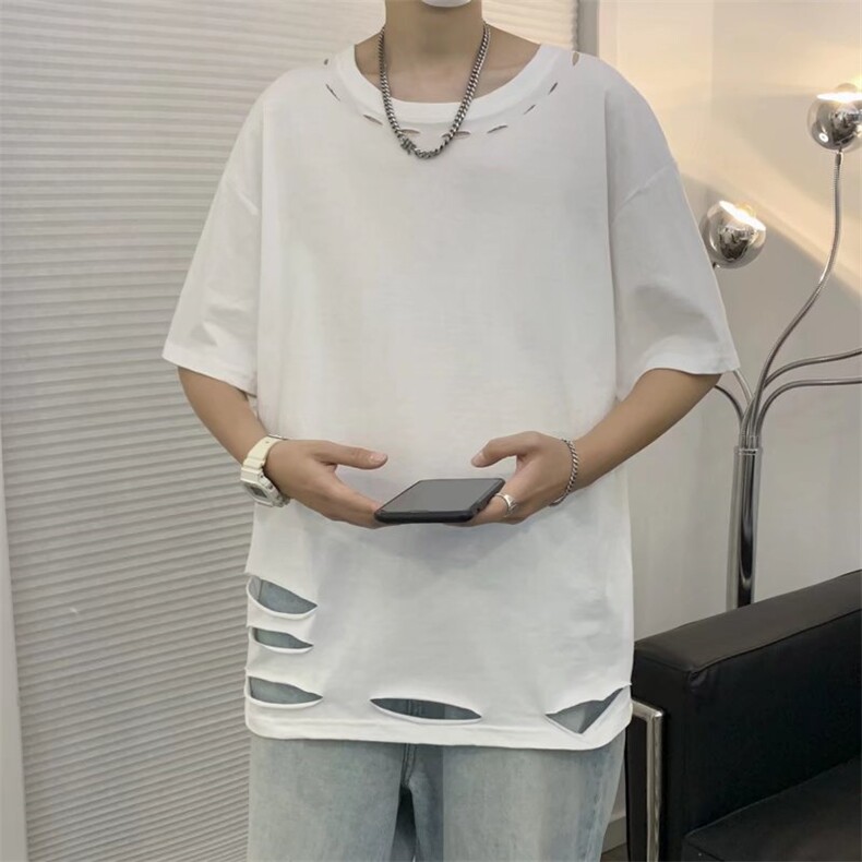 短袖t恤男士夏季2024新款潮流潮牌宽破洞纯色半袖男装体恤衣服,男装T恤,星座1013