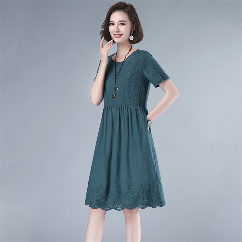 纯棉连衣裙女士2021夏装新款套头a字裙韩版圆领中长款中高腰裙子,女装连衣裙,伊满意